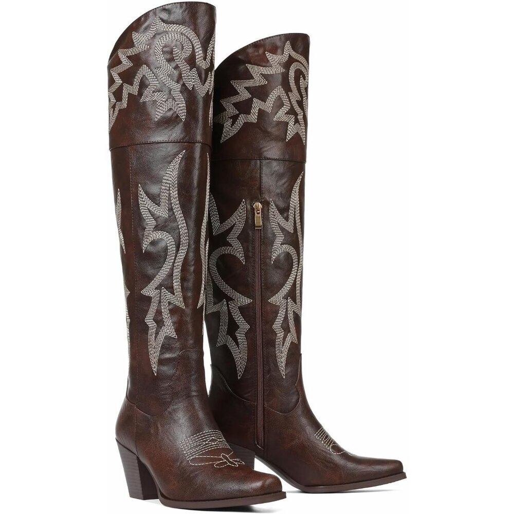 Women Brown Pu Polyurethane Thigh High Embroidered Pointed Toe Chunky Heels Boot